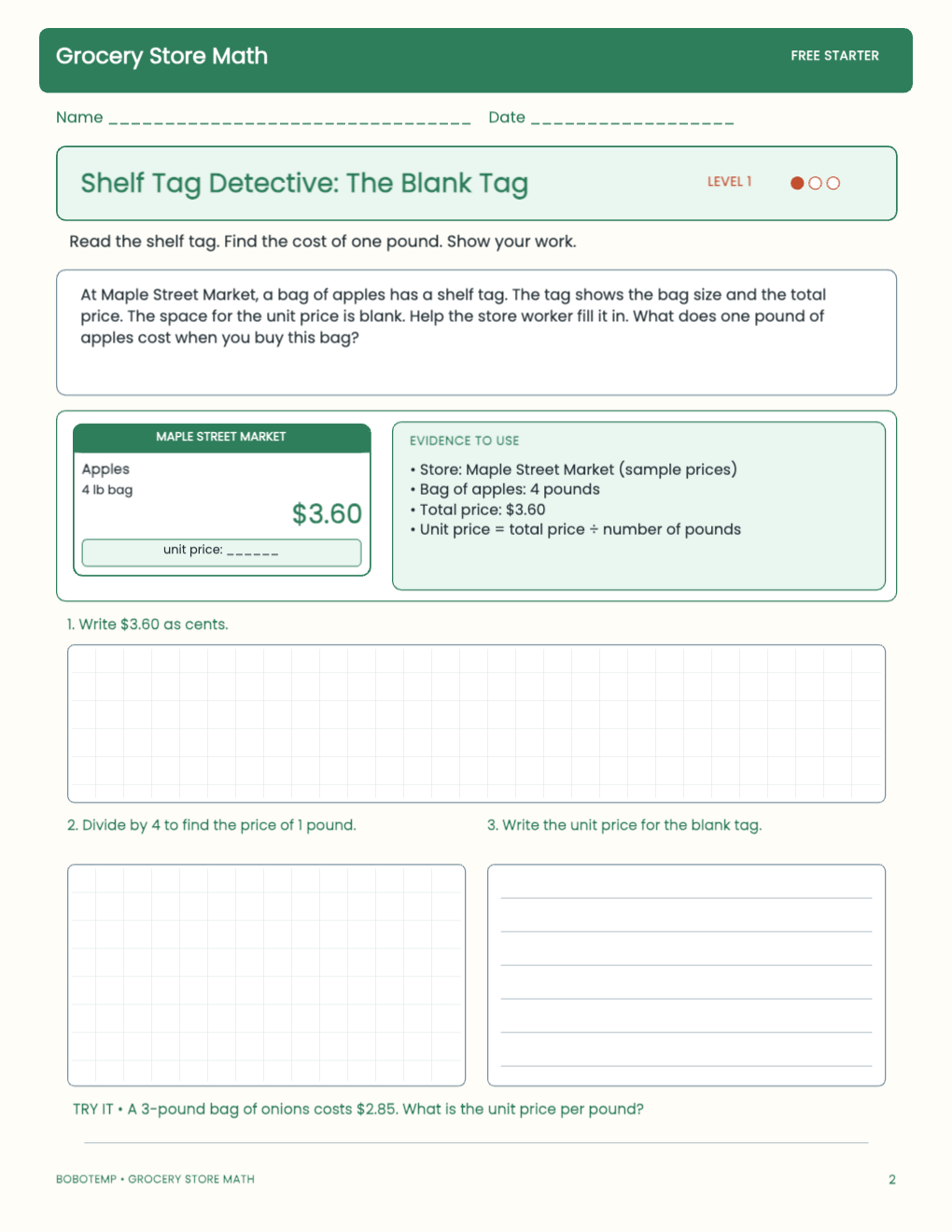 Grocery Store Math free activity page 1