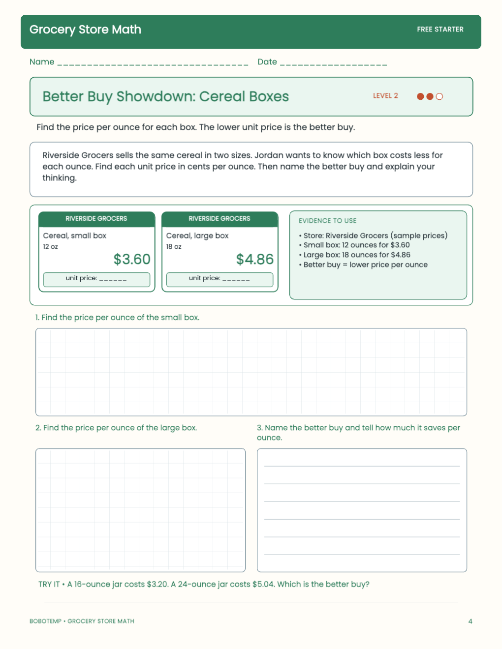 Grocery Store Math free activity page 3