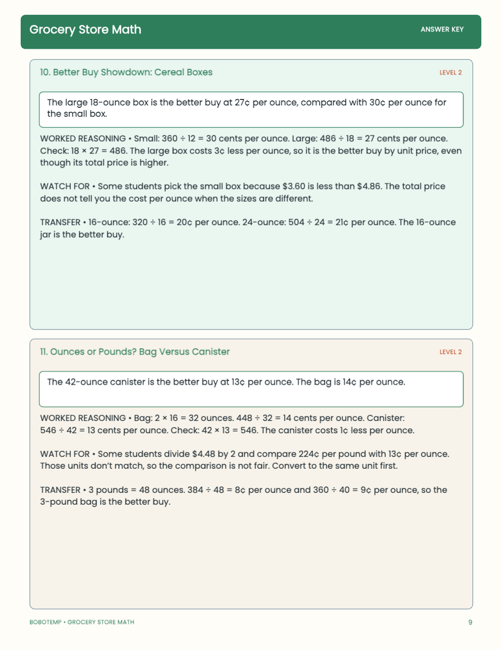 Grocery Store Math worked answer page