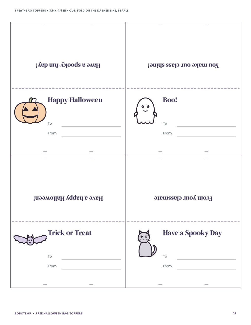 Four treat-bag toppers with To and From lines