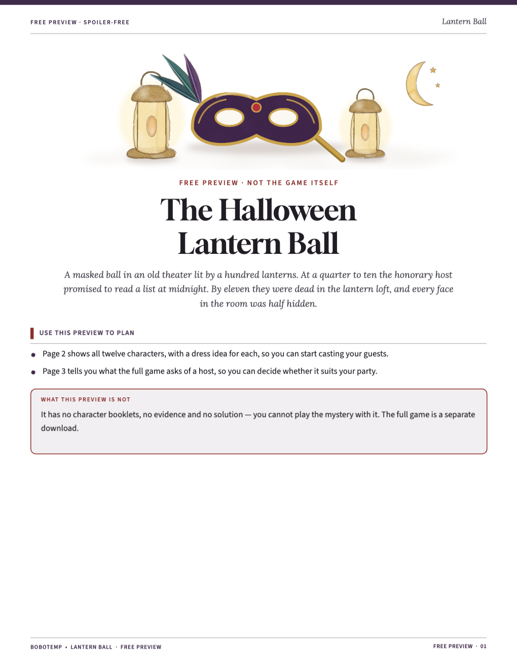 Cover of the free preview with two brass lanterns, a plumed masquerade mask on a stick and a crescent moon