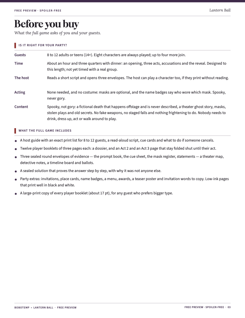 Planning page: guests, time, the host’s role and what the full game includes