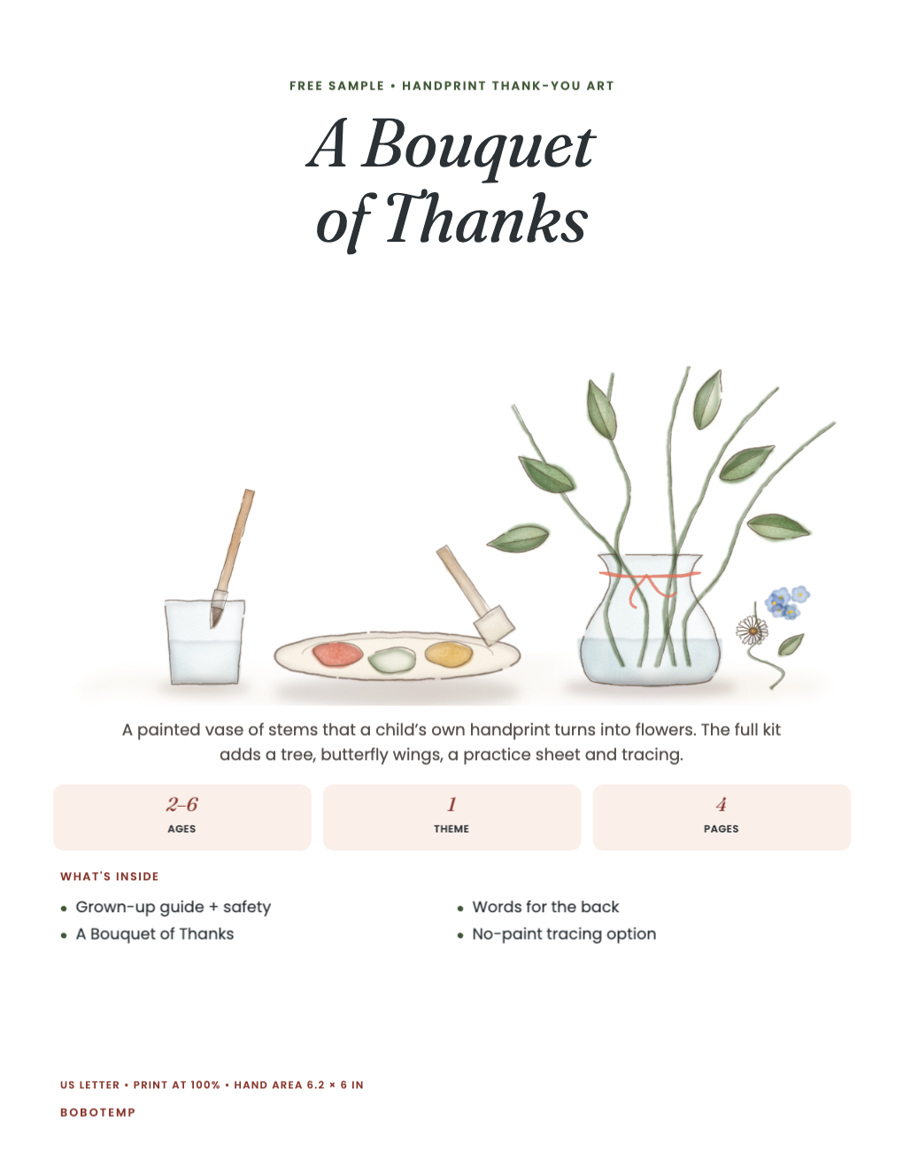 Handprint Bouquet of Thanks sampler cover with a painted vase of stems, a paint plate and a brush