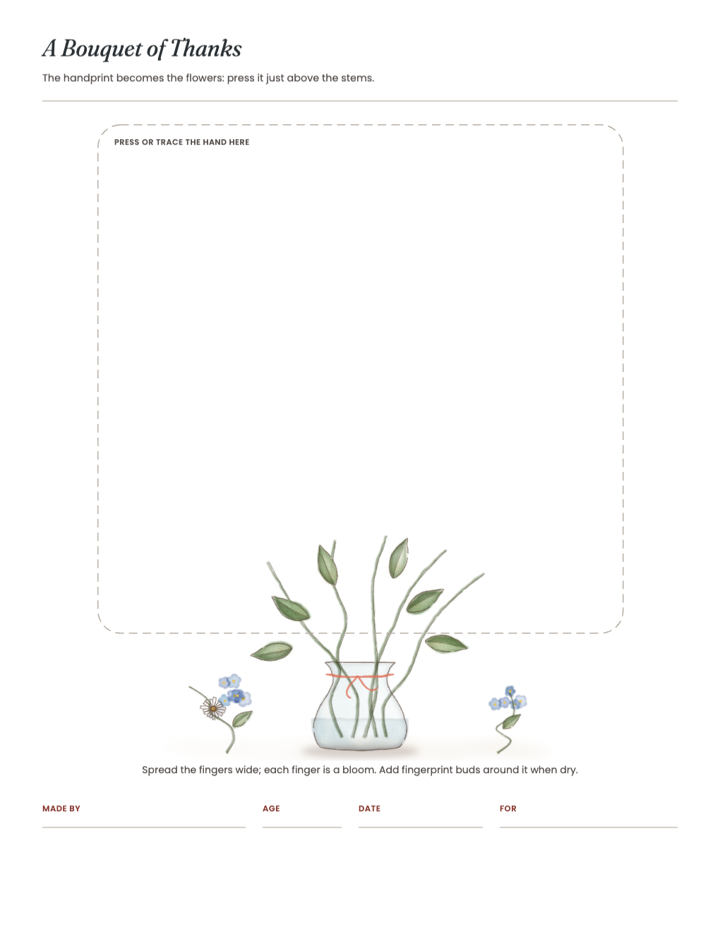 A Bouquet of Thanks: a painted vase of stems under a dashed hand area