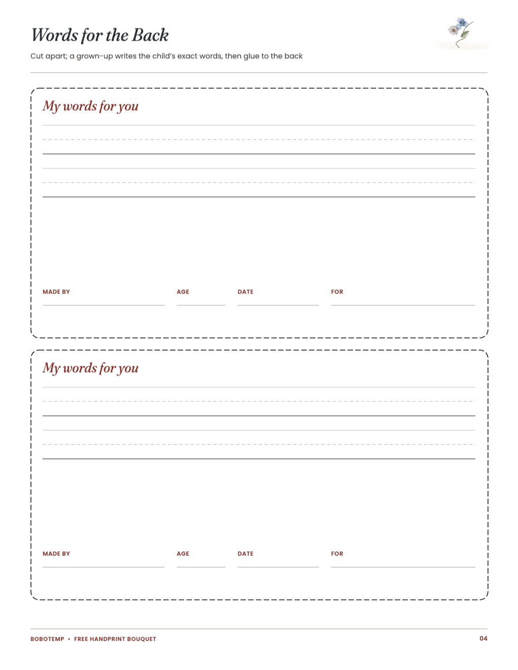 Words for the Back: two cards for the child’s words, written by a grown-up