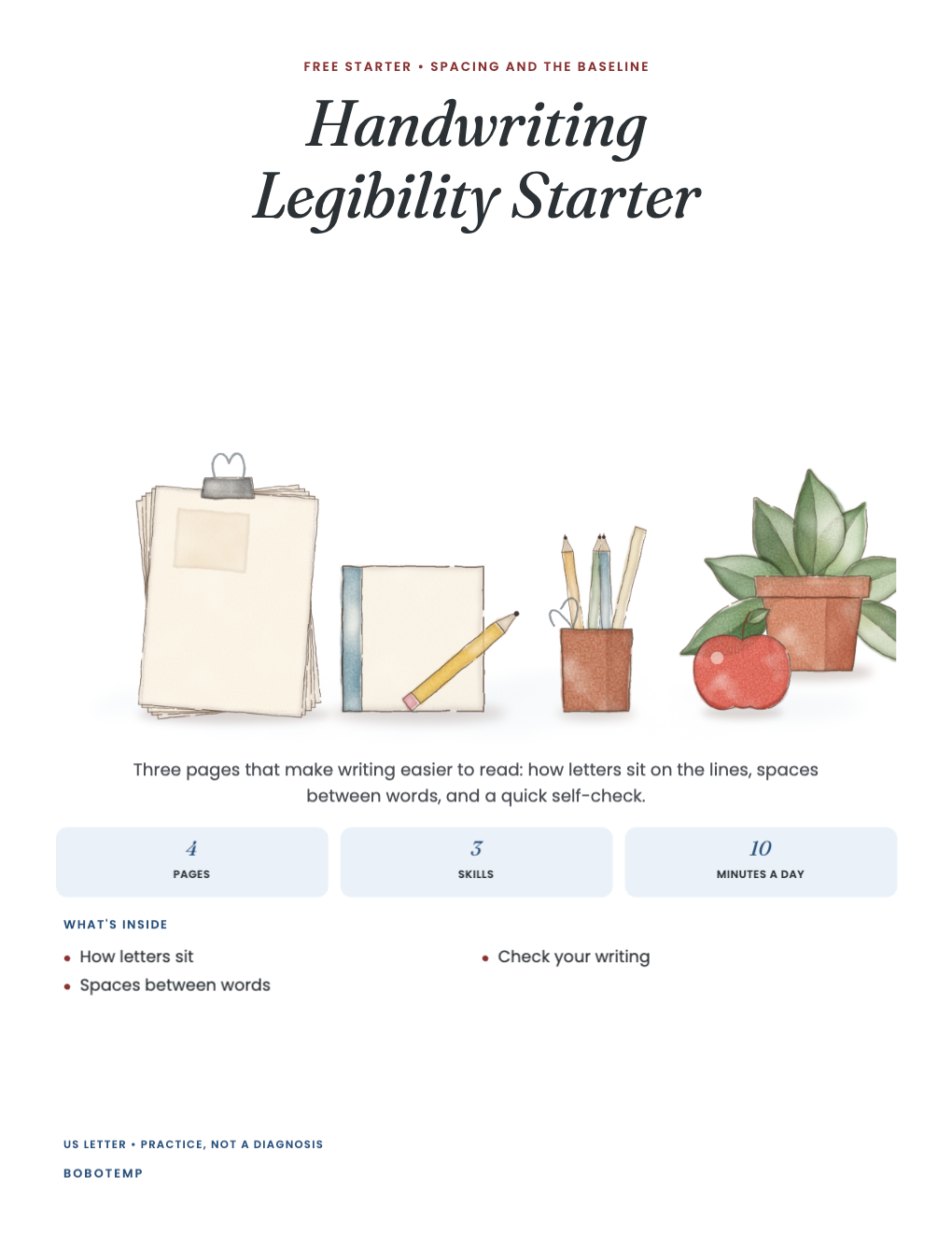 Handwriting legibility starter cover with a painted notebook, pencil cup, paper, an apple and a potted plant