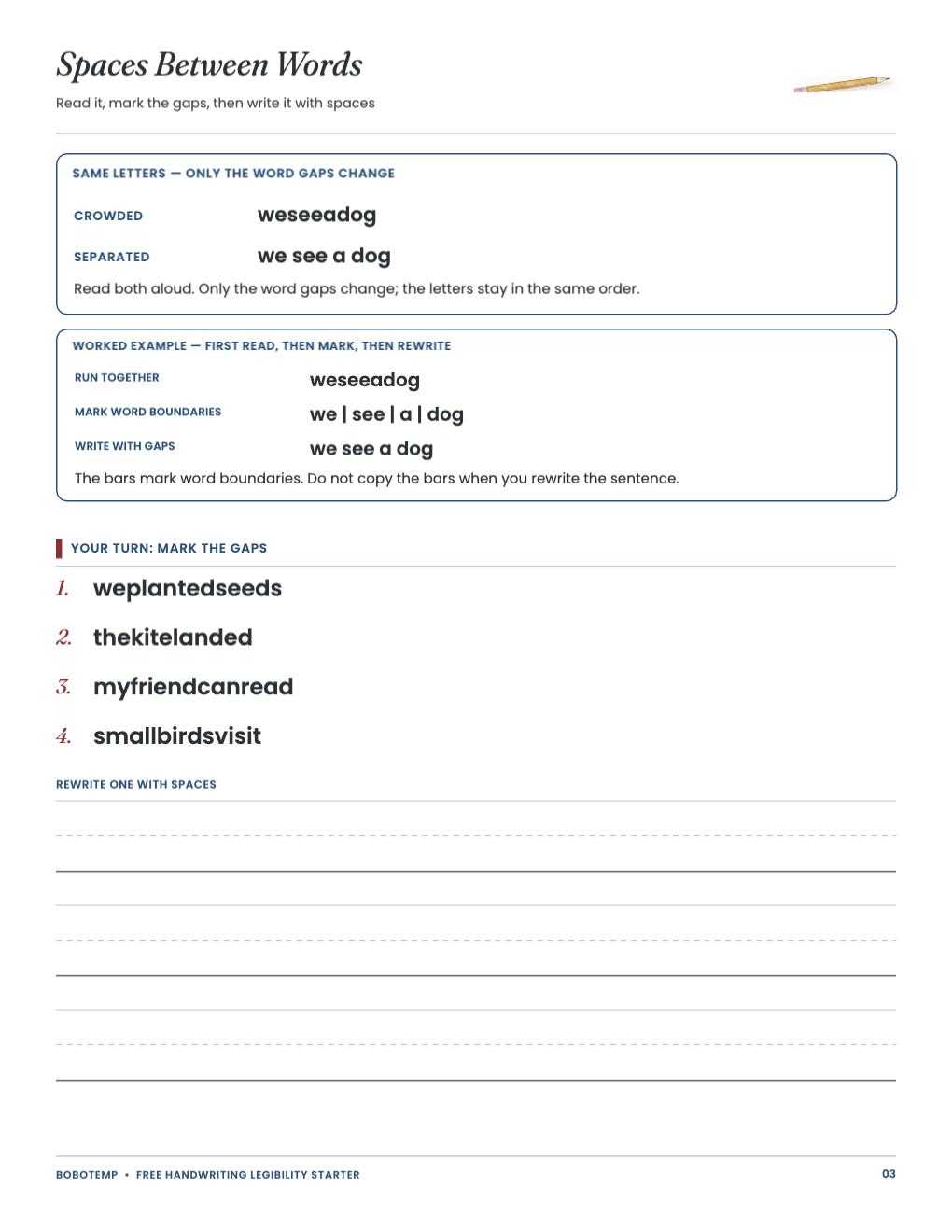 Spaces between words: worked example, run-together lines and a practice row