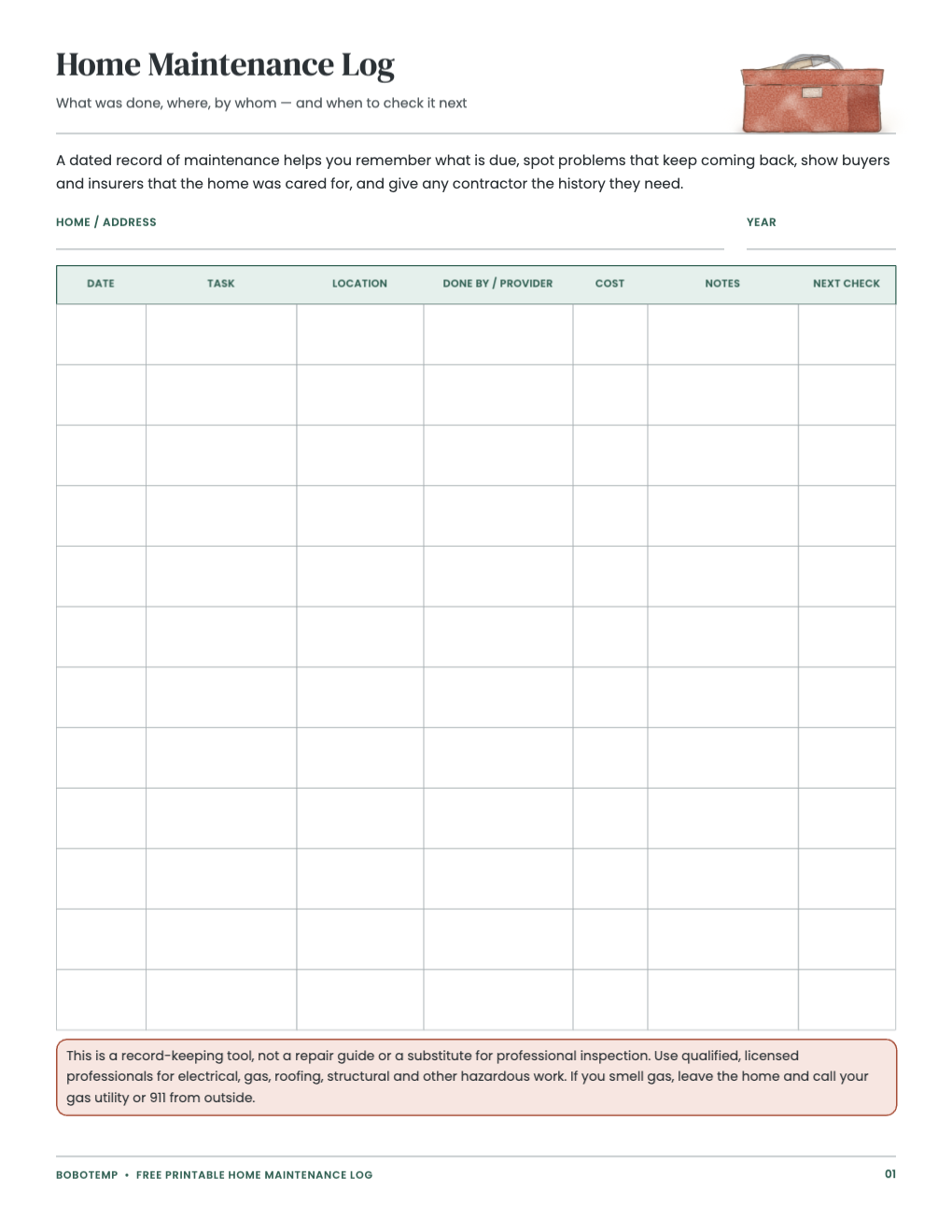 Home maintenance history log