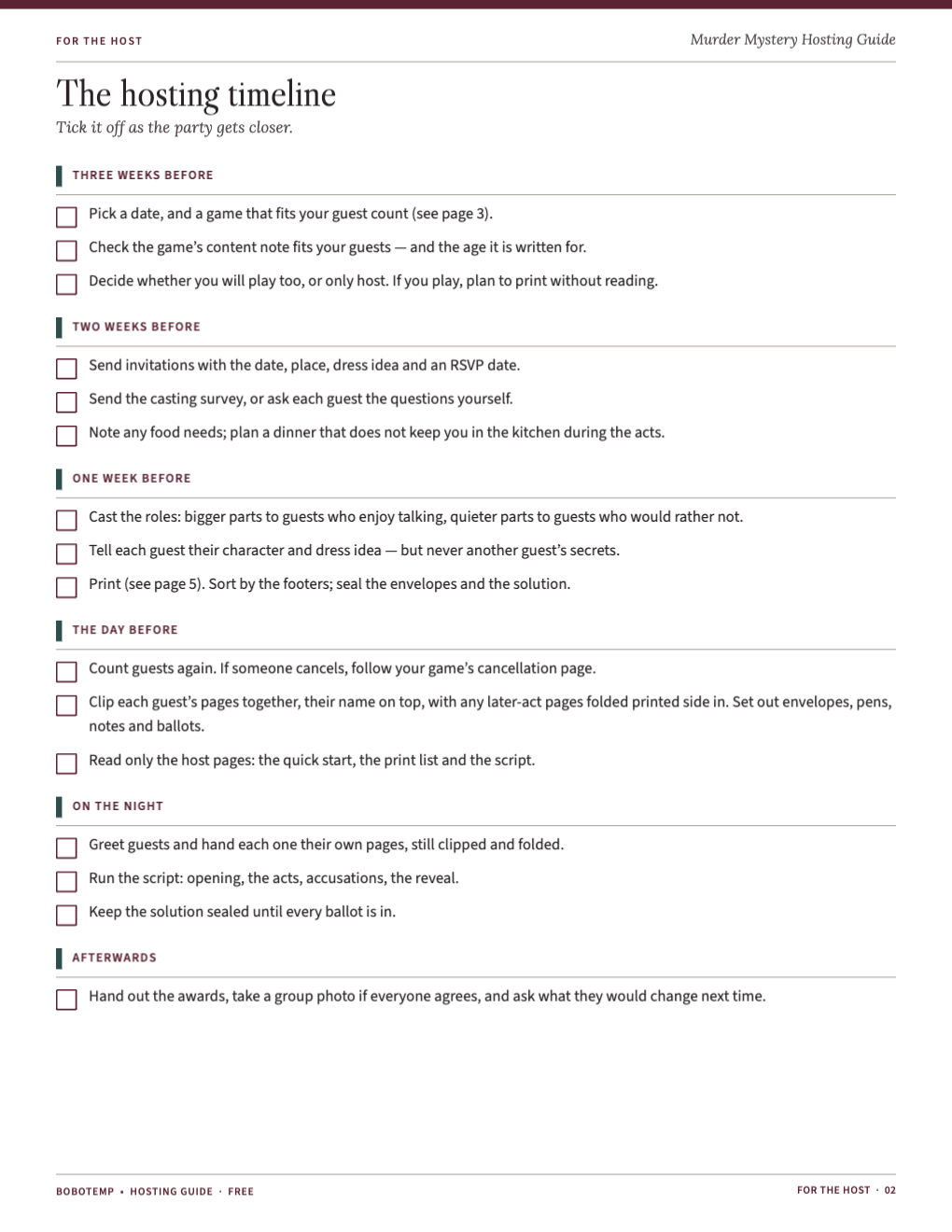 The hosting timeline from three weeks before to the night