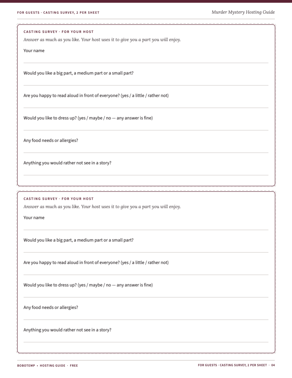 Casting survey, two per sheet