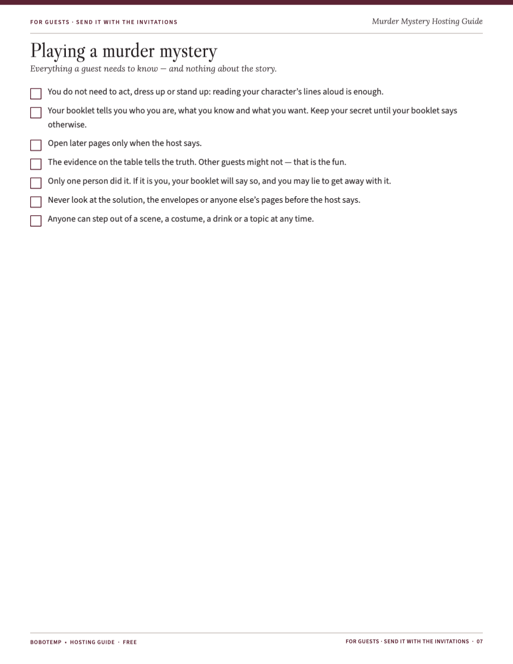 A page for guests about playing a murder mystery