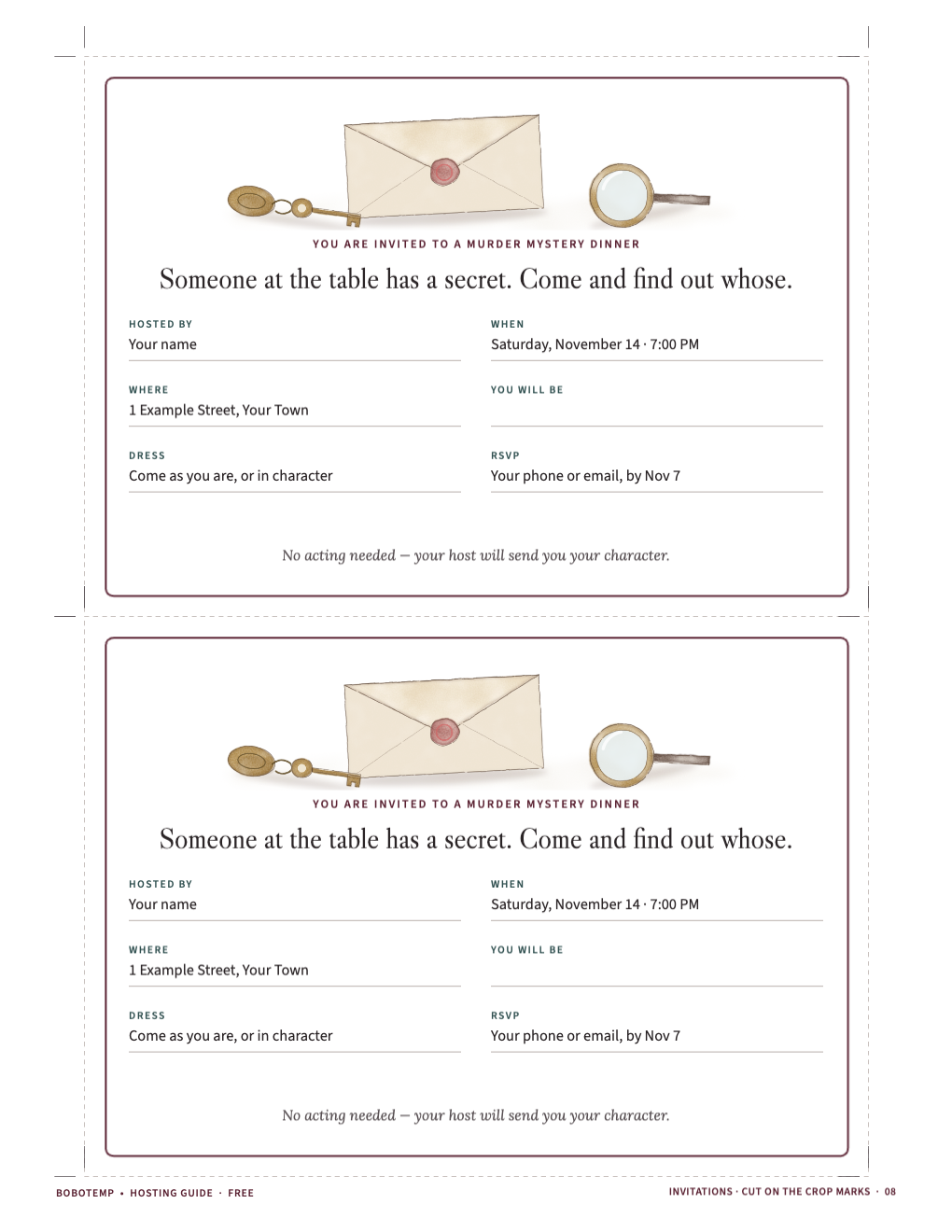 Two 7 by 5 inch invitations with crop marks