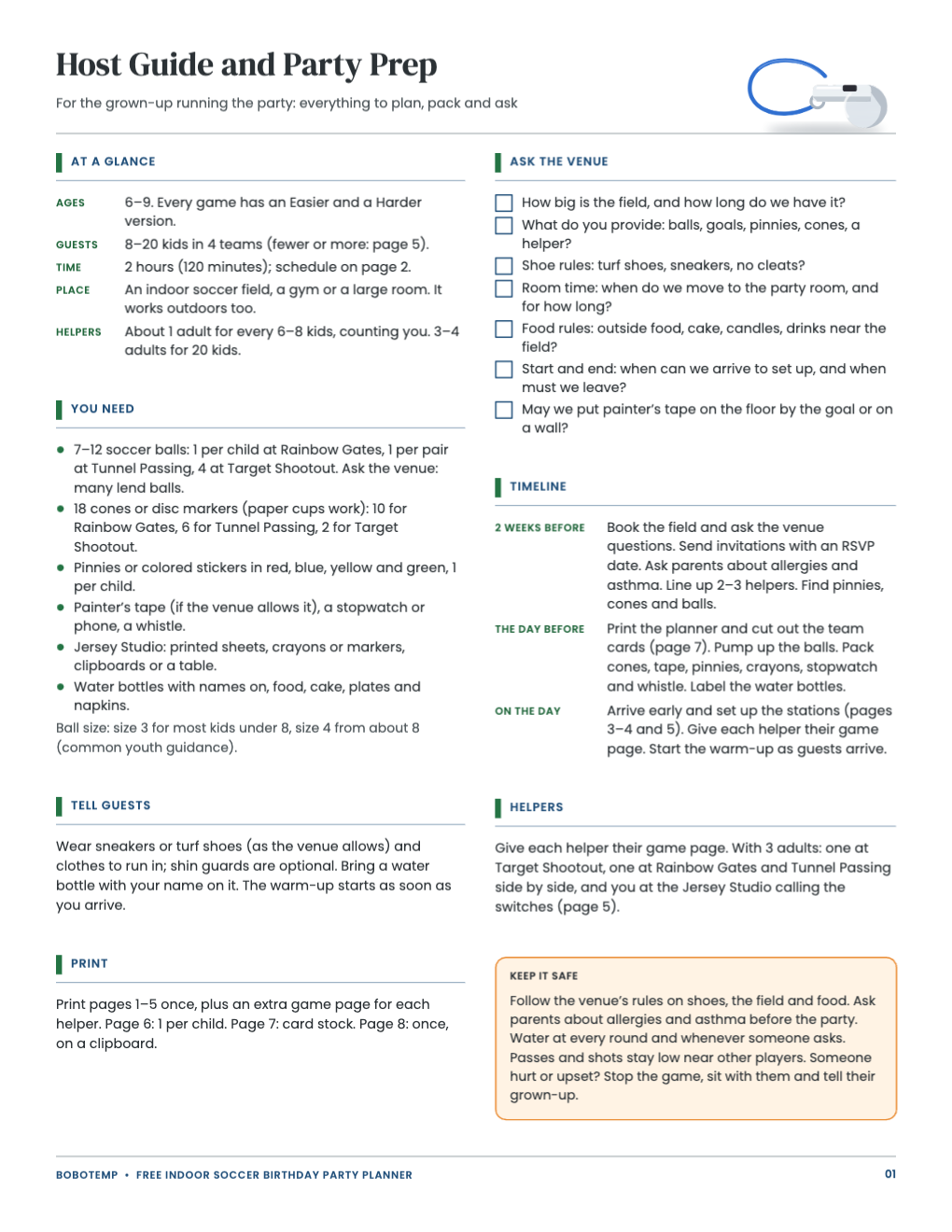 Host guide with ages, guest count, helpers, a supply list with ball sizes, venue questions, a two-week timeline and safety notes