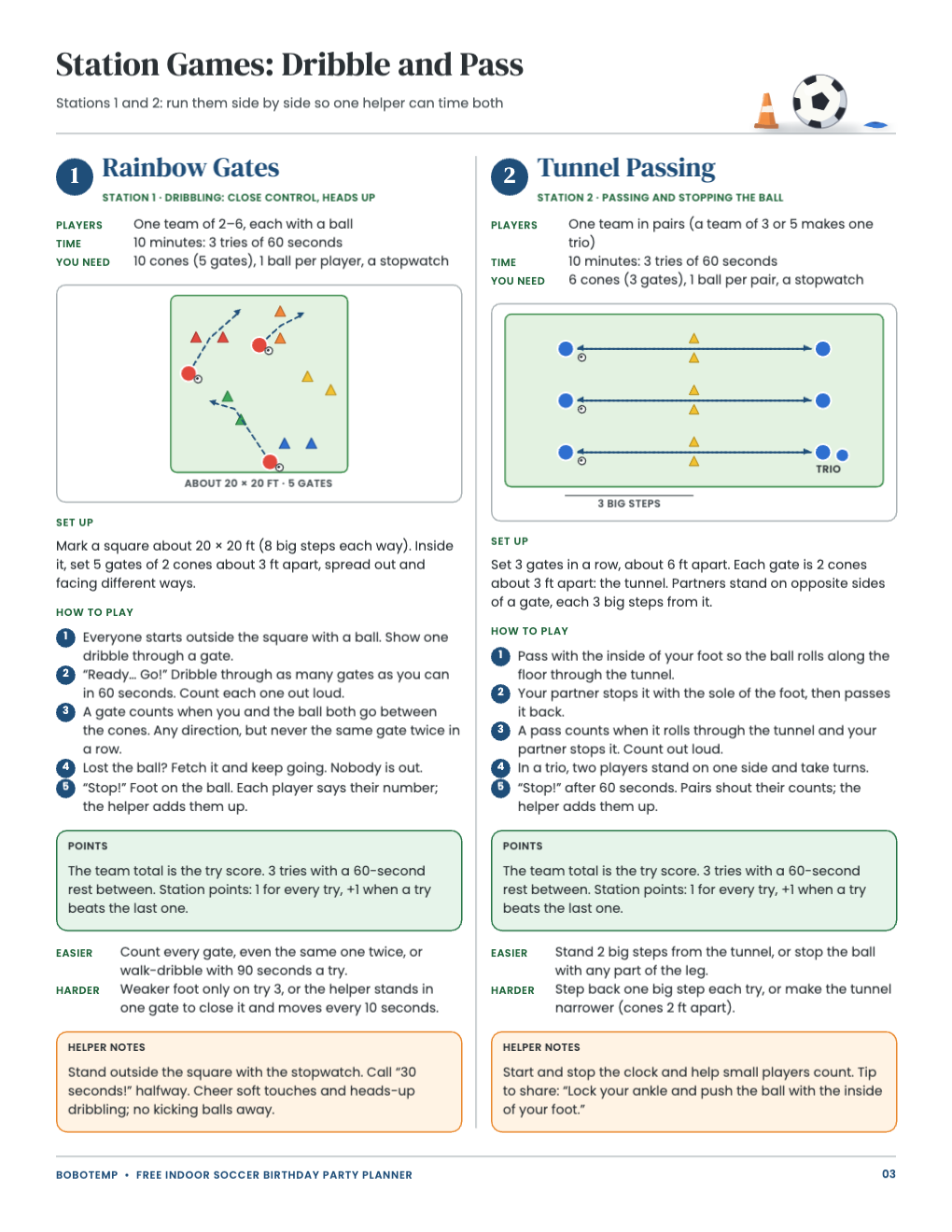 Rainbow Gates dribbling and Tunnel Passing station games, each with a diagram, setup, numbered rules, points, easier and harder versions and helper notes
