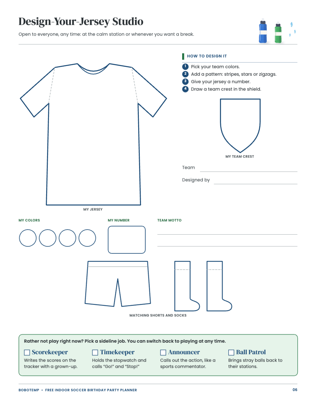 Design-Your-Jersey Studio sheet with a jersey outline, a team crest shield and four sideline jobs for children who would rather not play