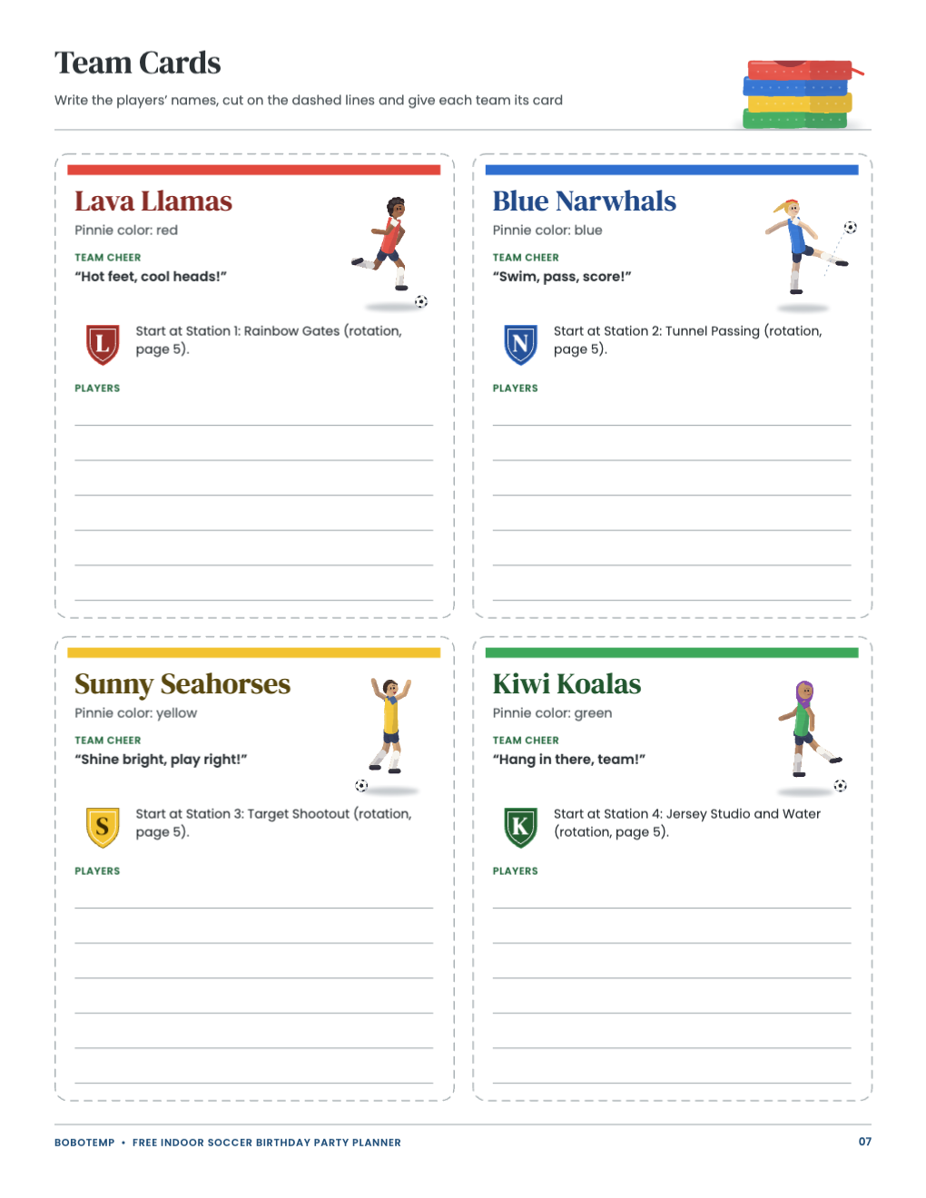 Four team cards for Lava Llamas, Blue Narwhals, Sunny Seahorses and Kiwi Koalas with painted players, pinnie colors, team cheers and name lines