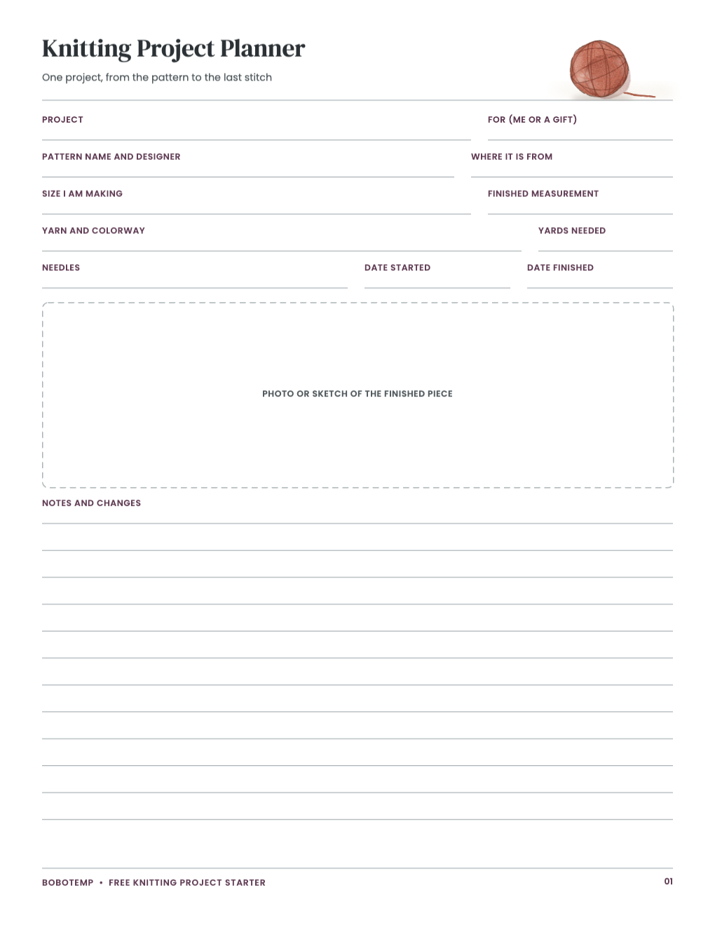 Knitting project planner with pattern, size, yarn and needles