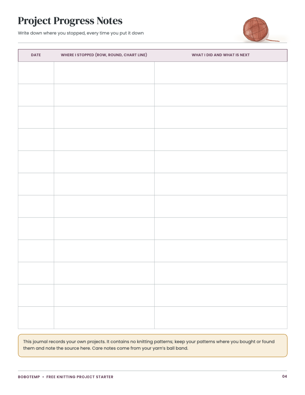 Project progress notes recording where you stopped