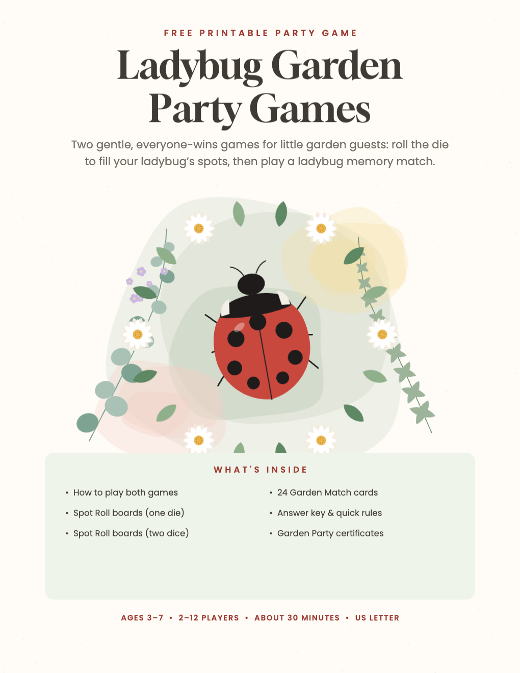 Cover of the free Ladybug Garden Party Games printable