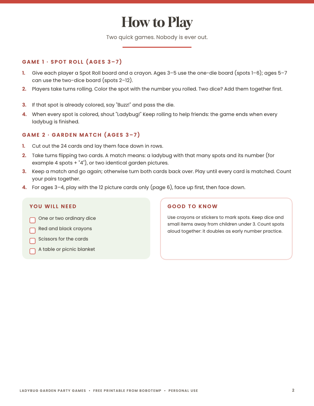 Printable ladybug party activity page