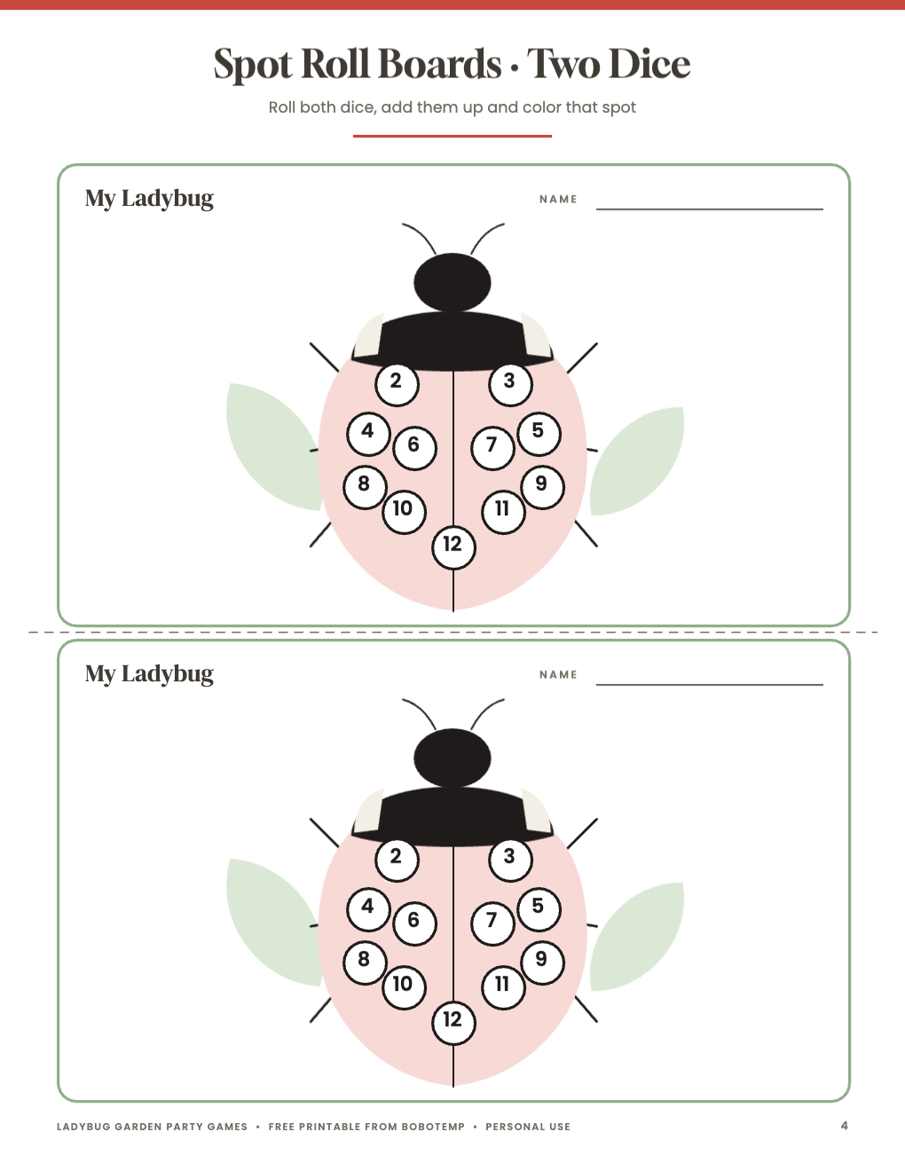 Printable ladybug party game for children