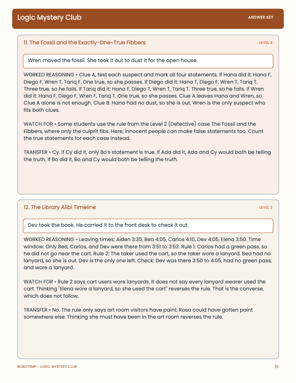 Logic Mystery Club worked answer page