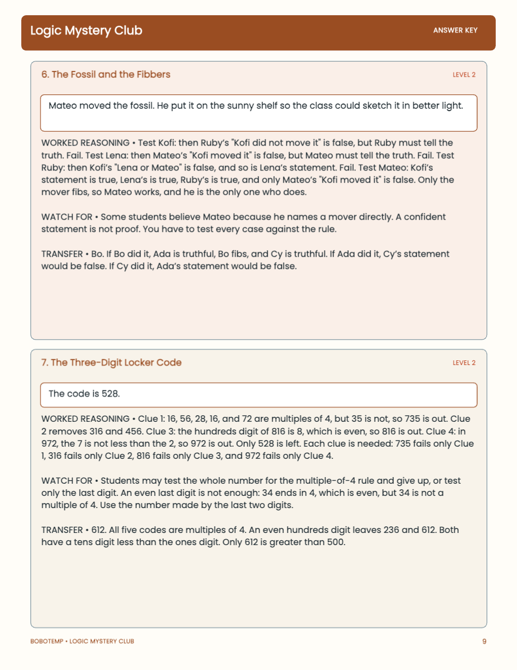 Logic Mystery Club worked answer page