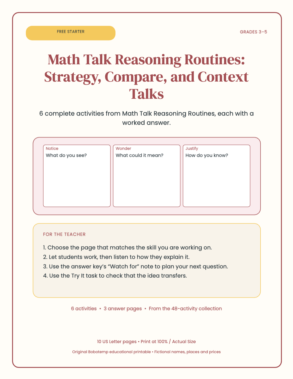 Math Talk Reasoning Routines free starter cover