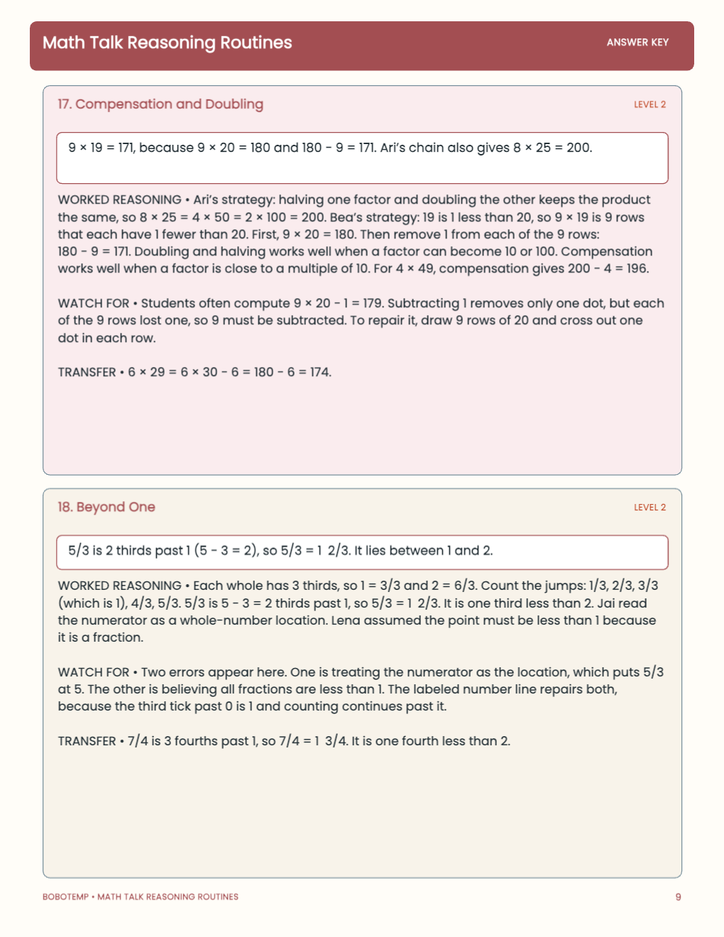 Math Talk Reasoning Routines worked answer page