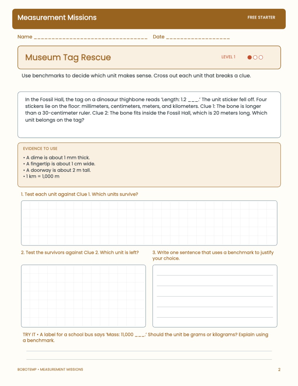 Measurement Missions free activity page 1