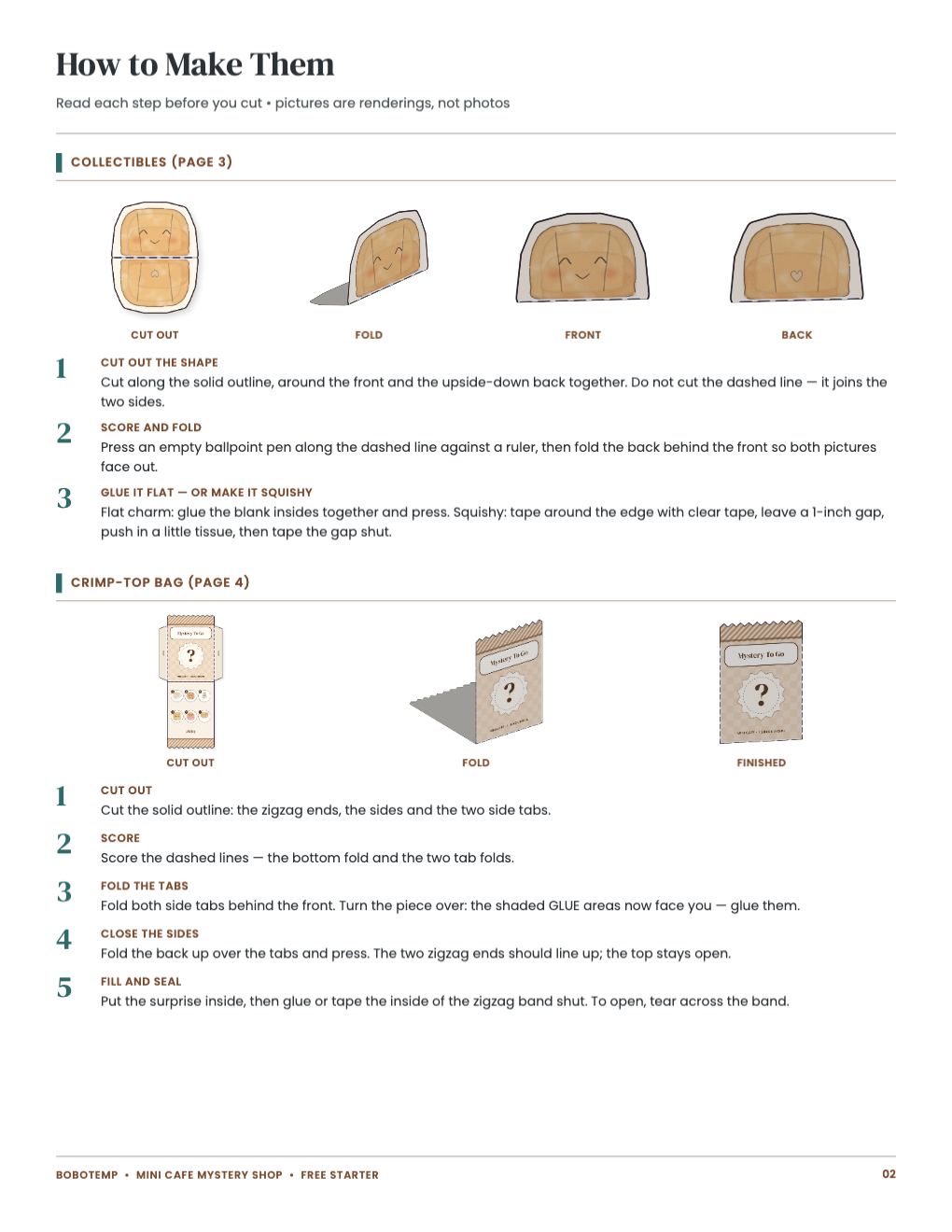 Pictured steps (renderings) for making the collectible and the bag