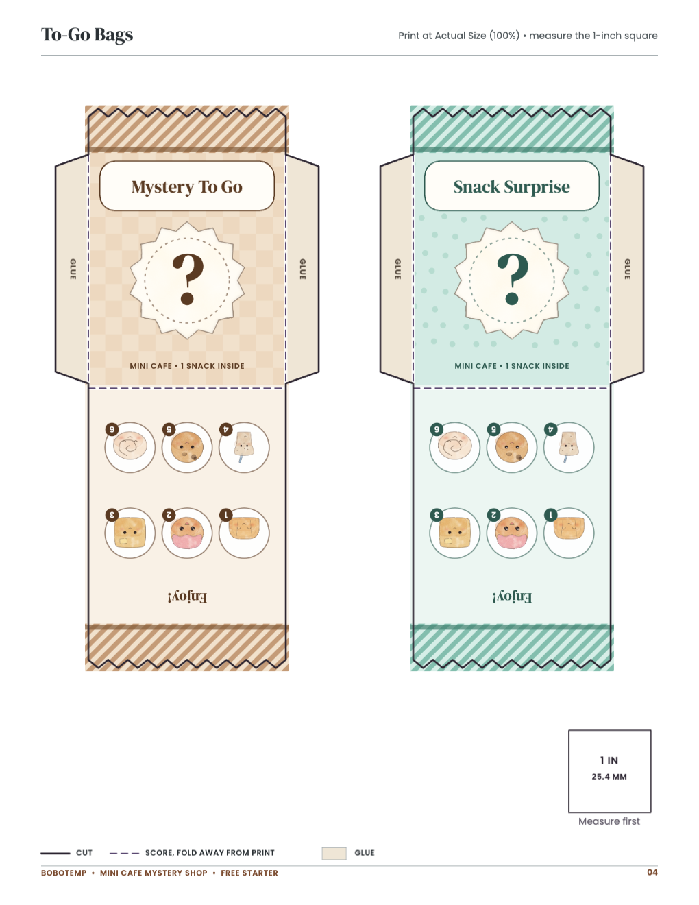 To-Go Bags: bag templates with cut, score and glue lines and a 1-inch square