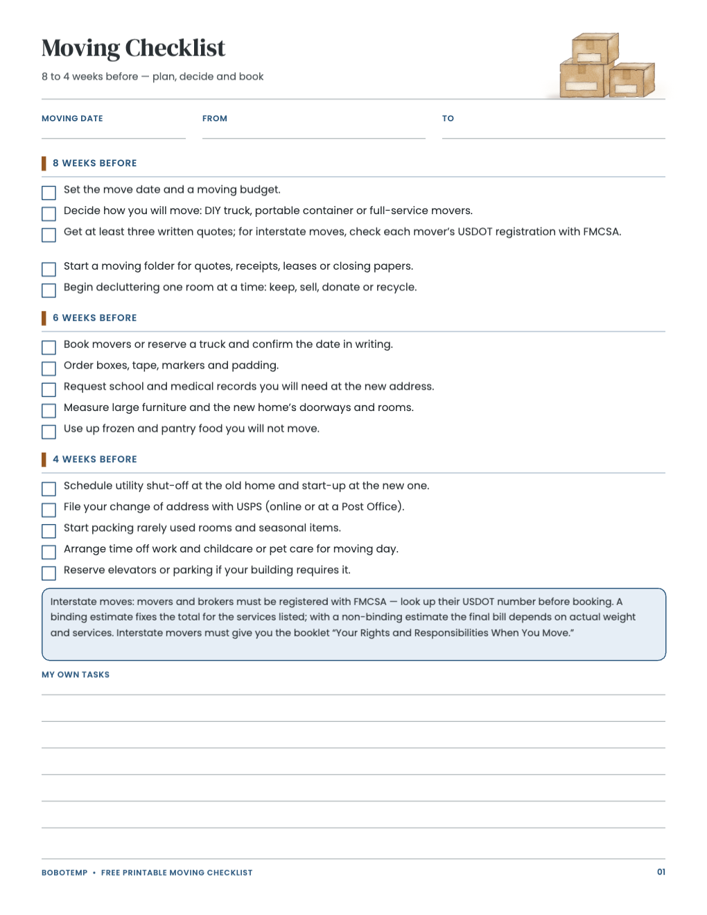 Eight-to-four-week moving checklist