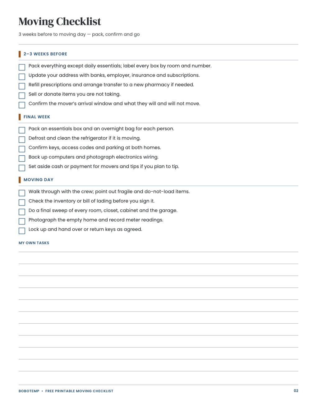 Final-weeks and moving-day checklist