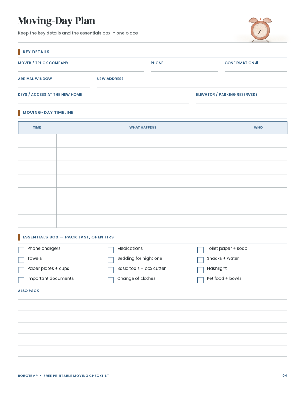 Moving-day plan and essentials list