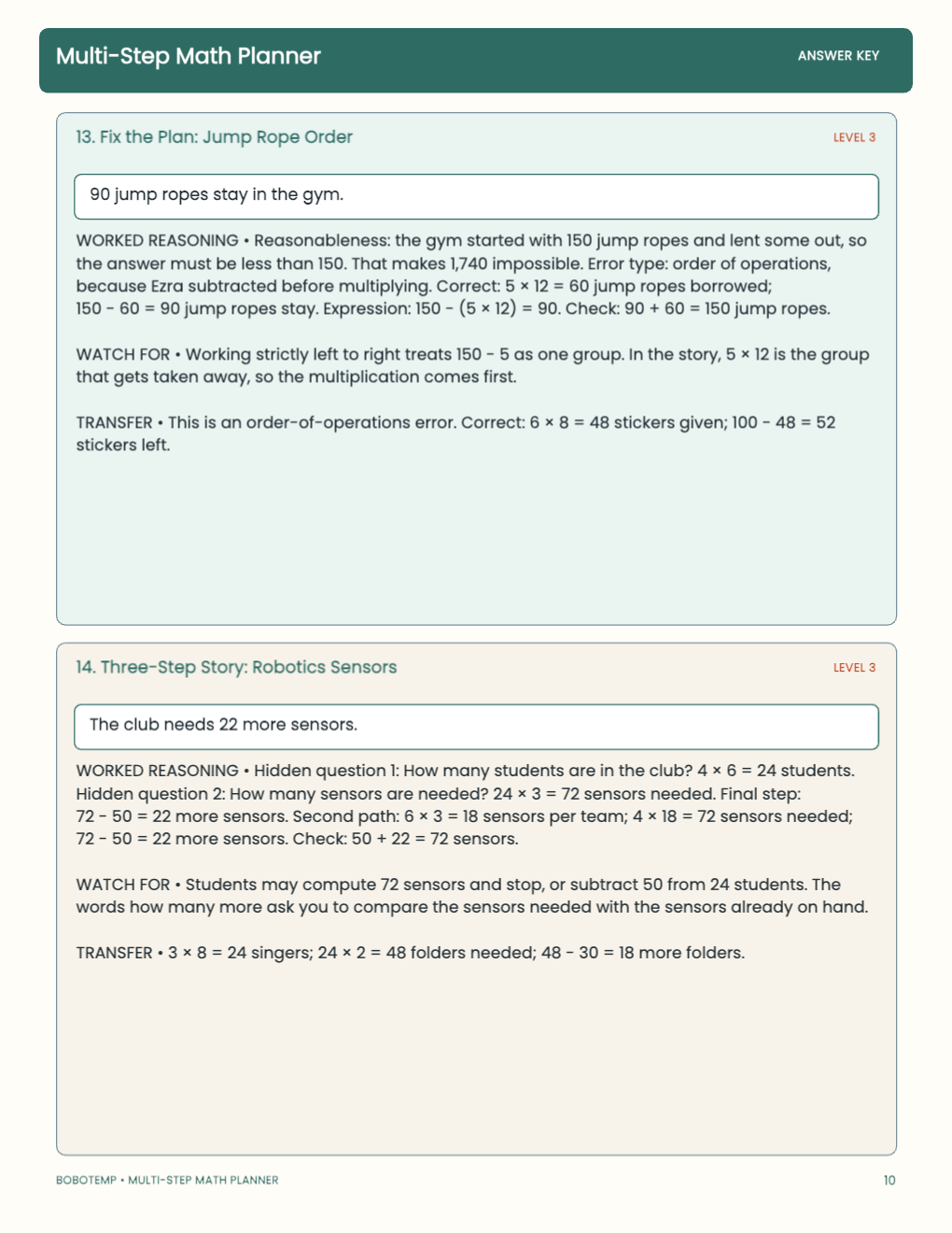 Multi-Step Math Planner worked answer page