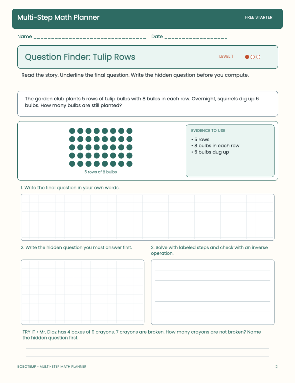 Multi-Step Math Planner free activity page 1
