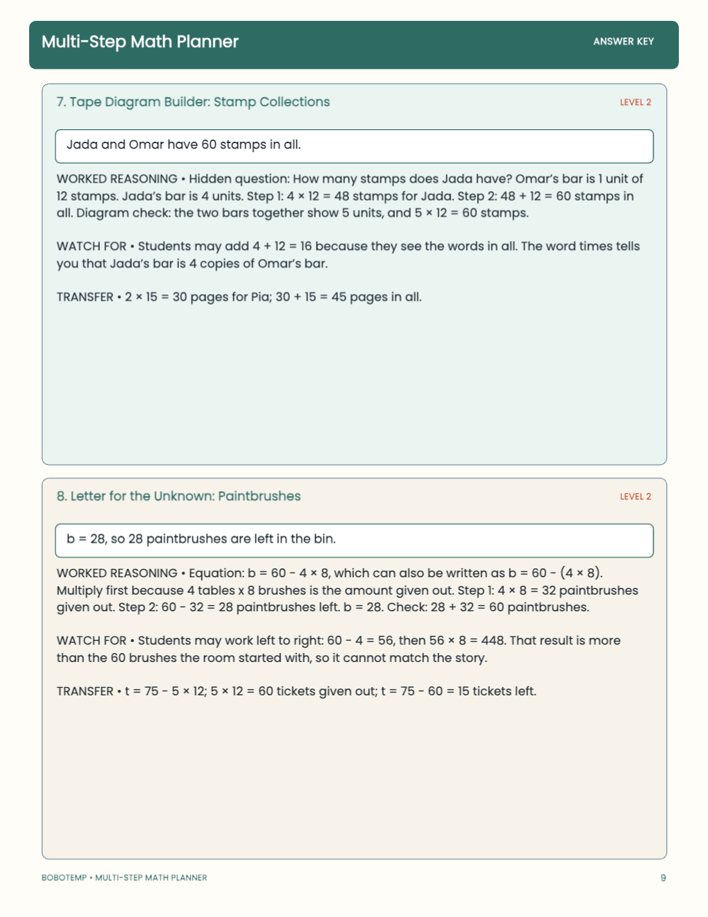Multi-Step Math Planner worked answer page