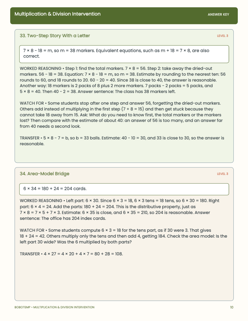 Multiplication & Division Intervention worked answer page