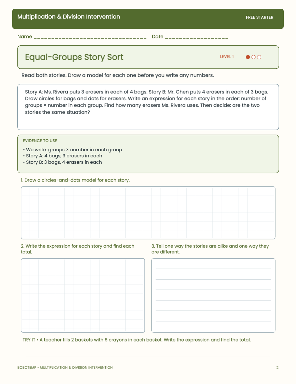 Multiplication & Division Intervention free activity page 1