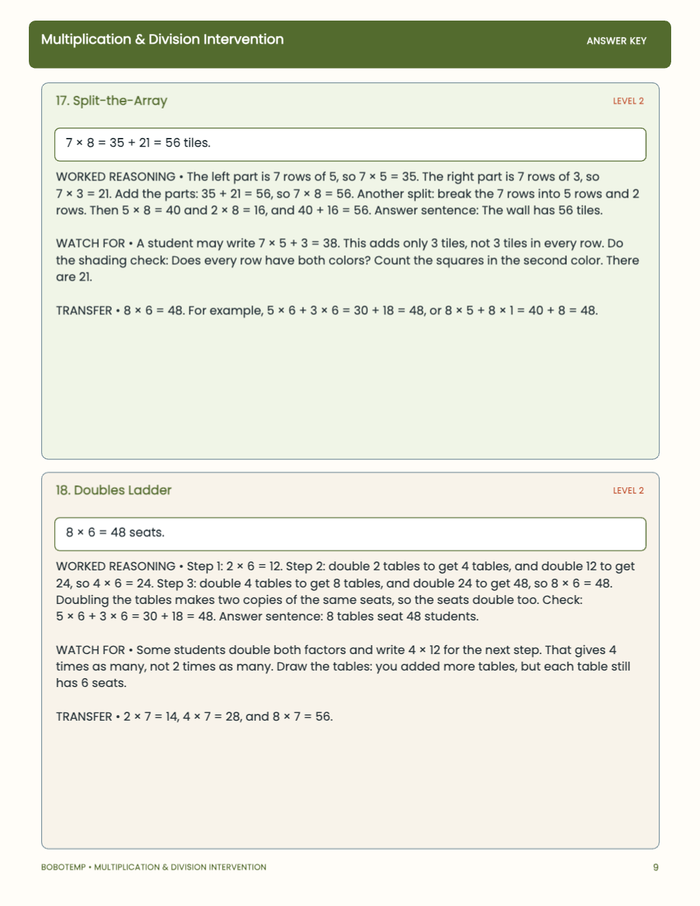 Multiplication & Division Intervention worked answer page