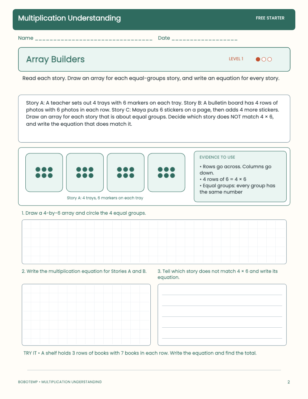 Multiplication Understanding free activity page 1