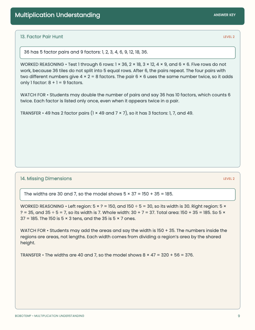 Multiplication Understanding worked answer page