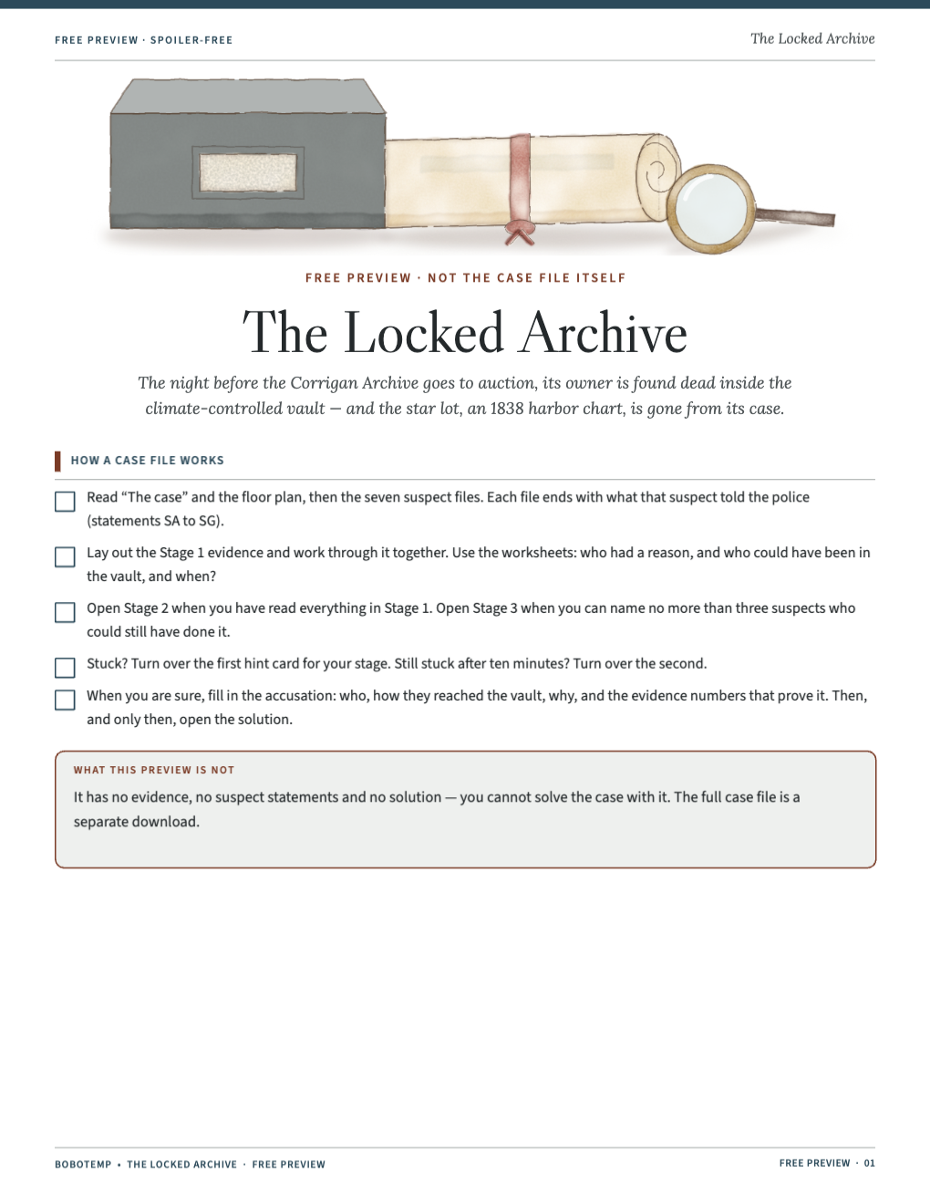 Cover of the free preview with an archive box, a rolled chart and a magnifying loupe