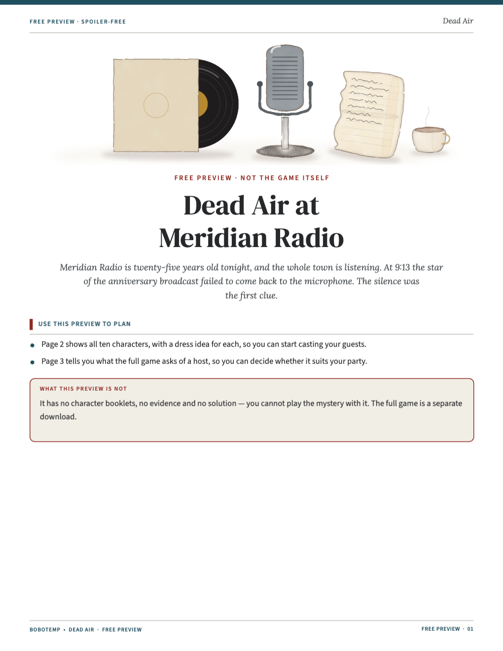 Cover of the free preview with a vintage microphone, a record in its sleeve, a script page and a coffee cup