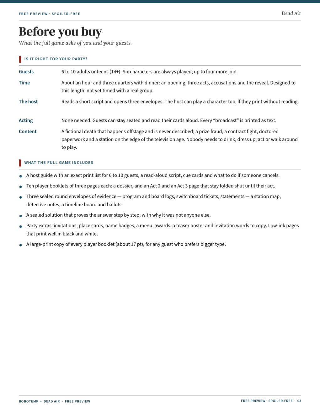 Planning page: guests, time, the host’s role and what the full game includes