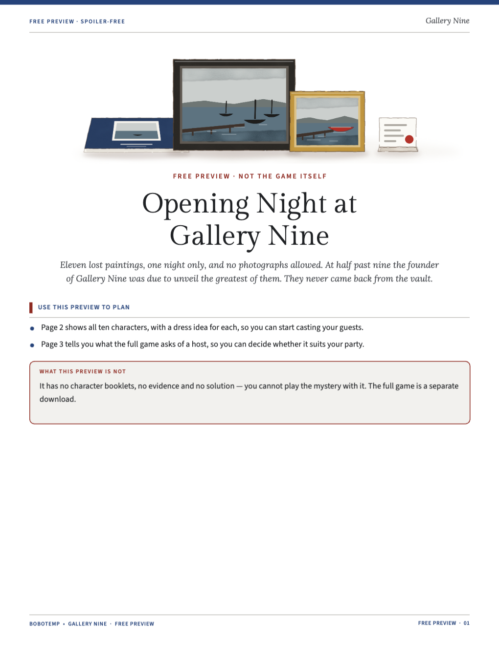 Cover of the free preview with two framed harbor paintings, a closed catalog and a gallery label with a red sold dot