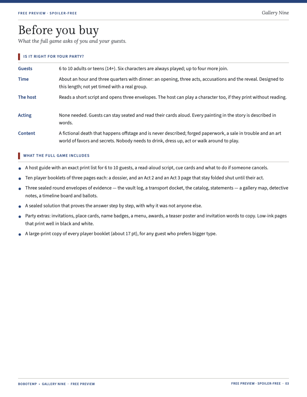 Planning page: guests, time, the host’s role and what the full game includes