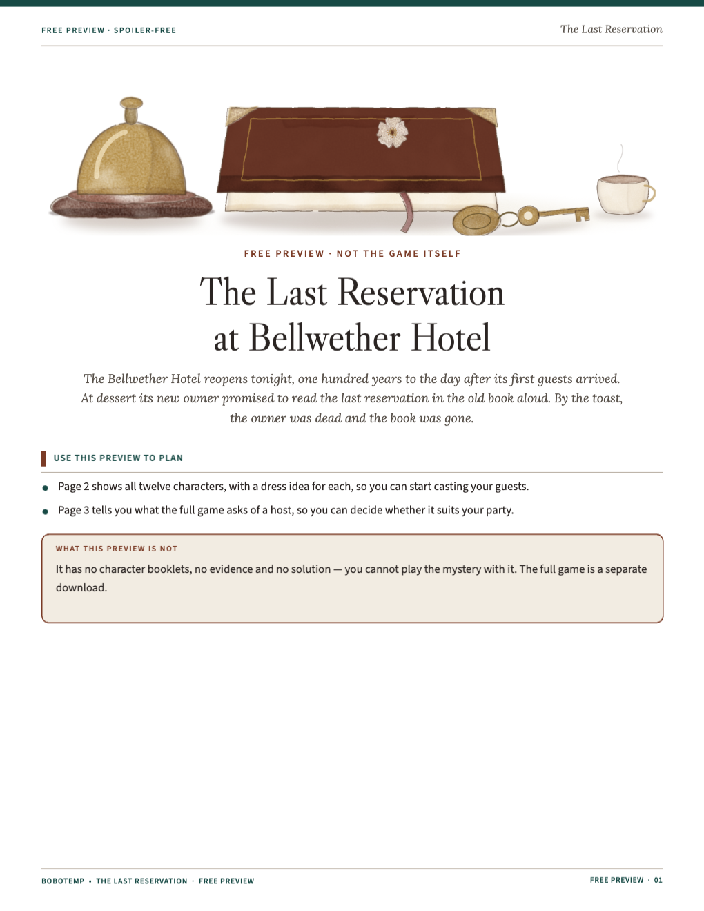 Cover of the free preview with a brass service bell, an old register and a room key