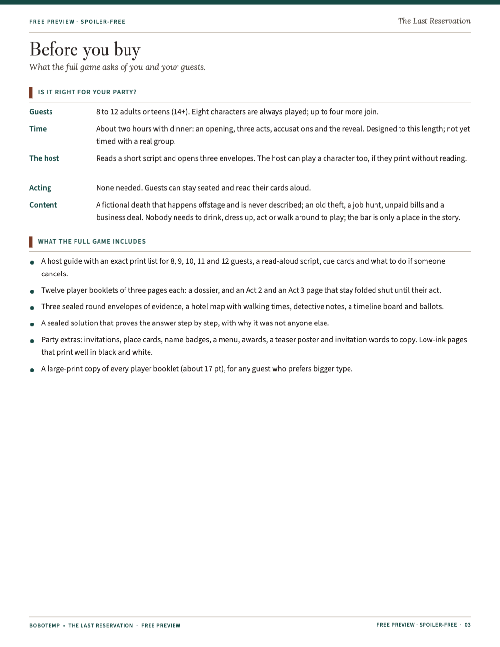 Planning page: guests, time, the host’s role and what the full game includes